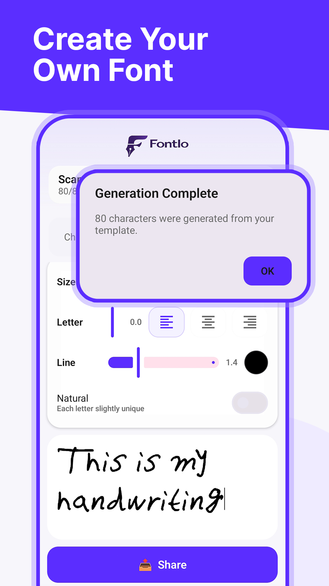 Font generation complete — preview of custom handwriting font reading This is my handwriting